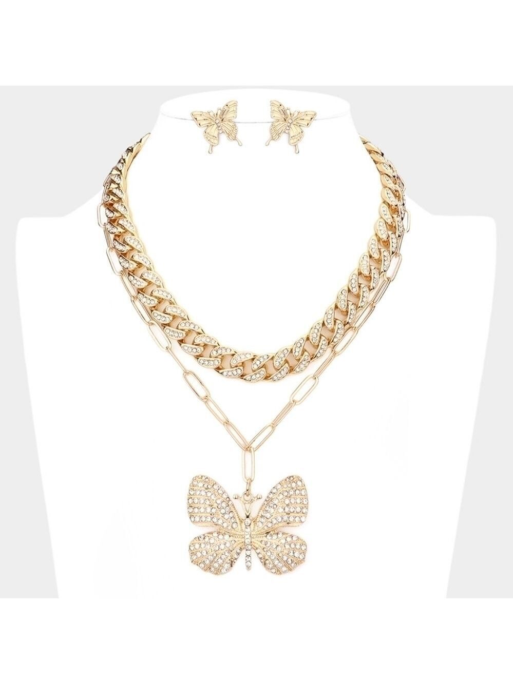NEW Duble Rhinestone Gold Chain Butterfly Necklace Set
